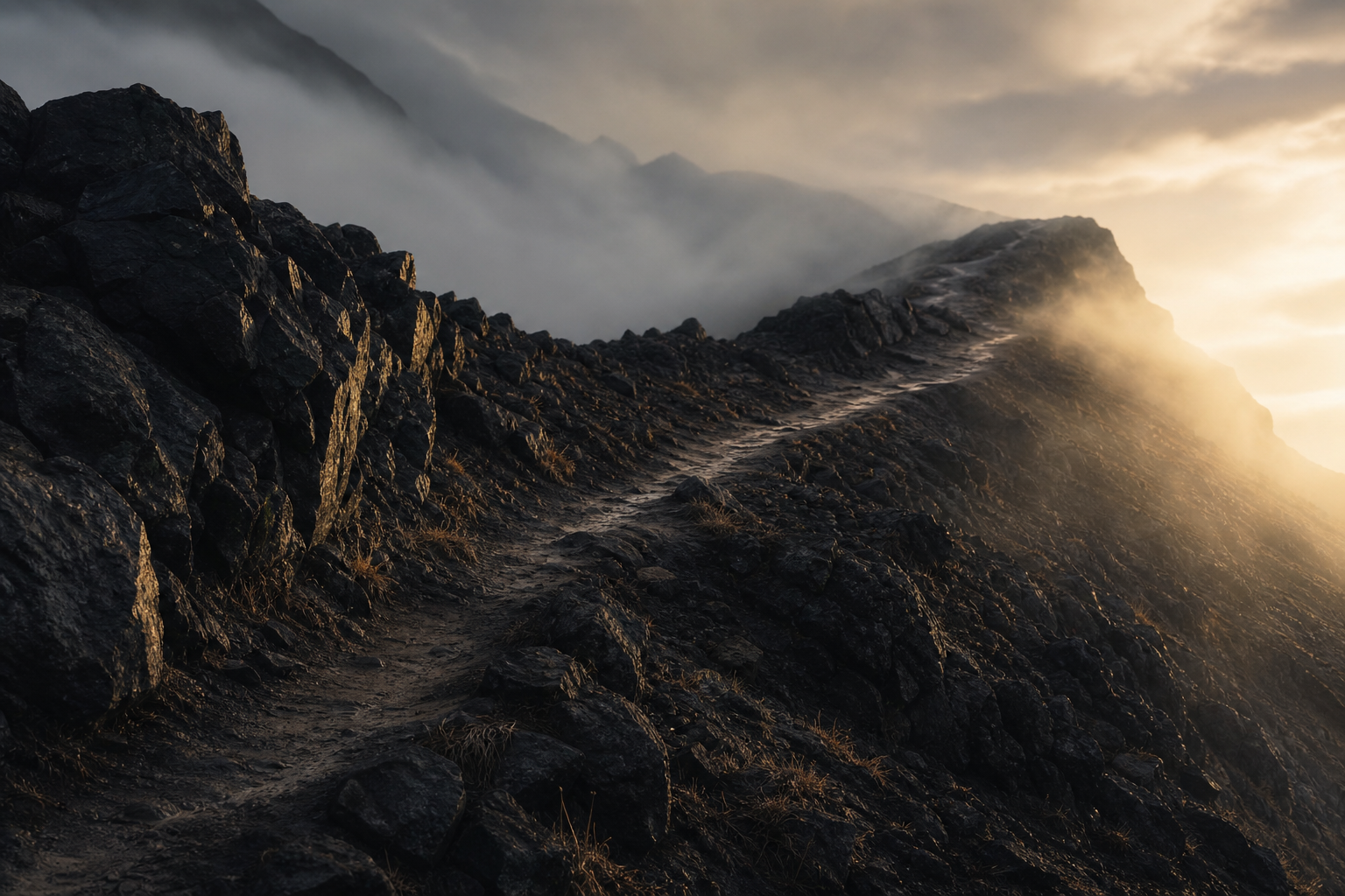 Ein schmaler Bergpfad im warmen Morgenlicht
